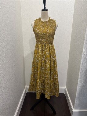 SHEIN Mustard Yellow Floral Smocked Midi Dress